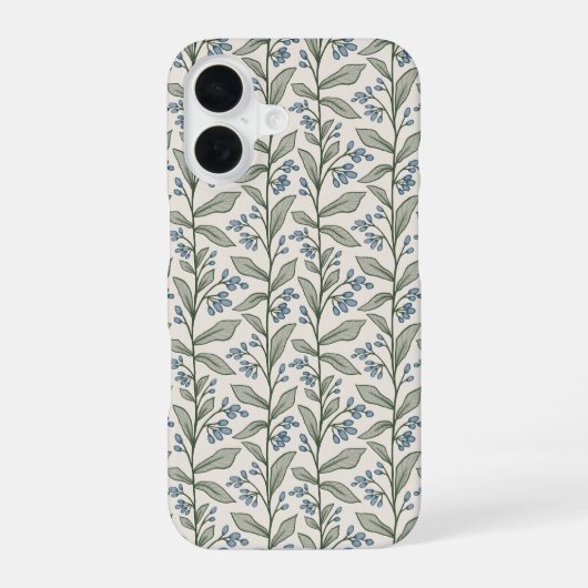 Coque iPhone 16 Chic Botanique Fleurs Bleues Feuilles Vertes Art (Verso)