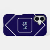 Coque iPhone 16 Chic Géométrique Bleu et Blanc Monogrammé (Verso Horizontal)