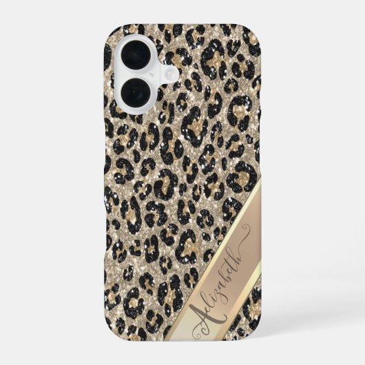 Coque iPhone 16 Chic motif léopard pailleté Monogramme (Verso)