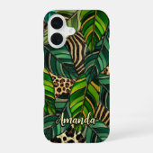 Coque iPhone 16 Chic Vert Botanique Tropical Léopard Monogramme (Verso)