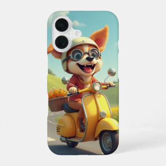 Coque iPhone 16 chien chevauchant un scooter