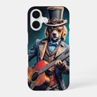 Coque iPhone 16 Chien Golden Retriever steampunk jouant de la guit