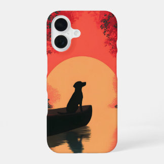 Coque iPhone 16 Chien noir minimaliste du coucher du soleil