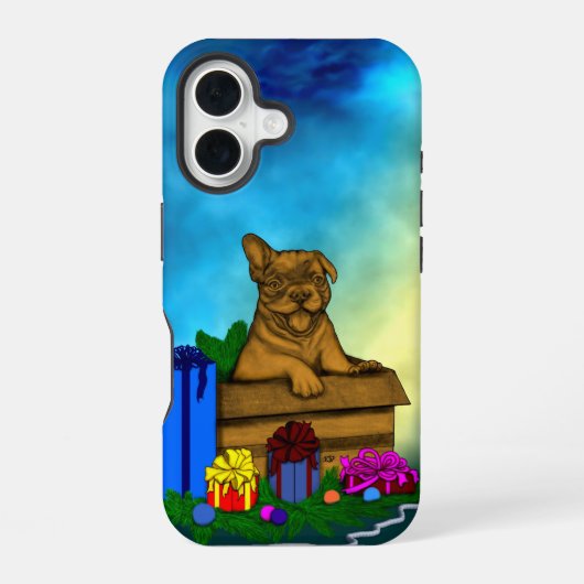 Coque iPhone 16 Chiot dans une boîte, Joyeux Noël (Verso)