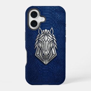 Coque iPhone 16 Chrome Argent Géométrique Cheval Python Bleu iPhon