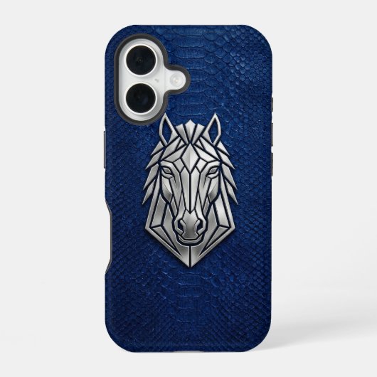Coque iPhone 16 Chrome Argent Géométrique Cheval Python Bleu iPhon (Verso)