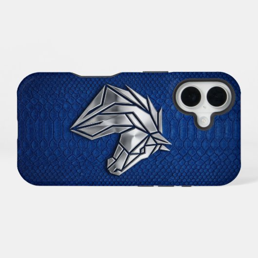Coque iPhone 16 Chrome Argent Géométrique Cheval Python Bleu iPhon (Verso Horizontal)