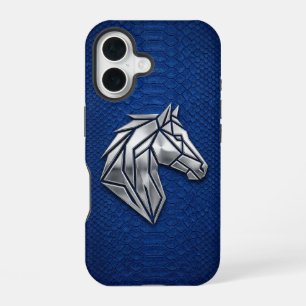 Coque iPhone 16 Chrome Argent Géométrique Cheval Python Bleu iPhon