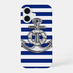 Coque iPhone 16 Chrome comme Lifesaver sur décor à rayures nautiqu