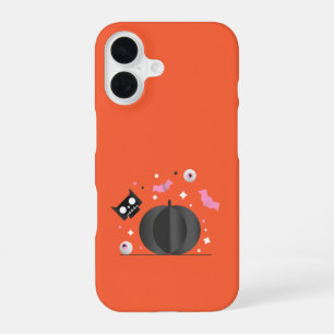 Coque iPhone 16 Citrouille noire et chat mignon Halloween