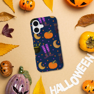 Coque iPhone 16 Citrouilles, chats et lunes d'Halloween mignons