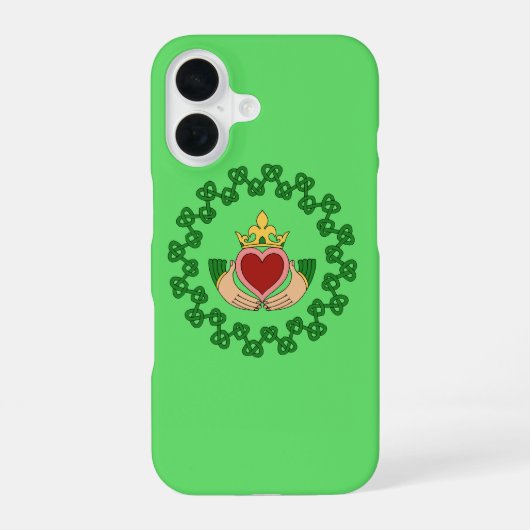 Coque iPhone 16 Claddagh et entrelacs verts (Verso)