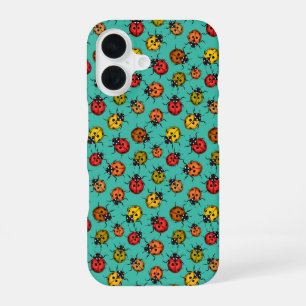 Coque iPhone 16 Coccinelles colorées sur turquoise