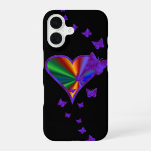 Coque iPhone 16 Cœur arc-en-ciel et papillon