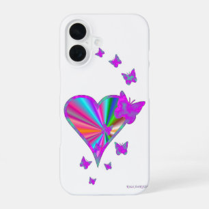 Coque iPhone 16 Coeur arc-en-ciel et papillon