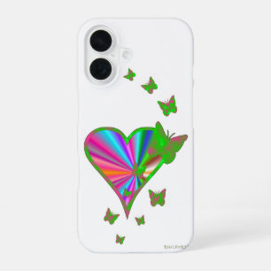 Coque iPhone 16 Cœur arc-en-ciel et papillon