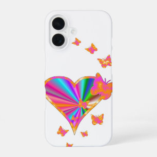 Coque iPhone 16 Cœur arc-en-ciel et papillon