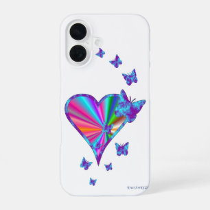 Coque iPhone 16 Cœur arc-en-ciel et papillon