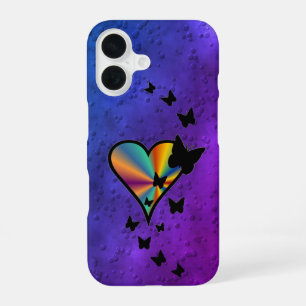 Coque iPhone 16 Cœur arc-en-ciel et papillon