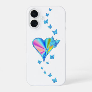 Coque iPhone 16 Cœur arc-en-ciel et papillon