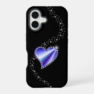 Coque iPhone 16 Cœur arc-en-ciel violet avec étoiles sur fond noir