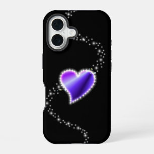 Coque iPhone 16 Cœur arc-en-ciel violet avec étoiles sur fond noir