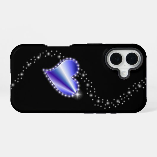 Coque iPhone 16 Coeur arc-en-ciel violet avec étoiles sur noir (Verso Horizontal)