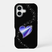 Coque iPhone 16 Coeur arc-en-ciel violet avec étoiles sur noir (Verso)
