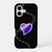 Coque iPhone 16 Coeur arc-en-ciel violet avec étoiles sur noir (Verso)