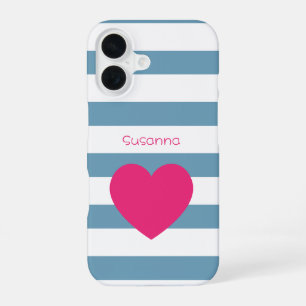 Coque iPhone 16 Cœur Rose Rayé Bleu et Blanc Personnalisé