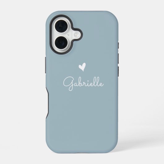 Coque iPhone 16 Cœur simple bleu poussiéreux avec nom en script (Verso)