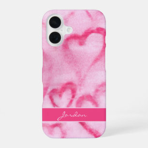 Coque iPhone 16 Cœurs Abstrait Aquarelle Rose avec Nom Féminin