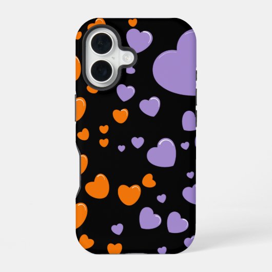 Coque iPhone 16 cœurs orange et violet à pois (Verso)