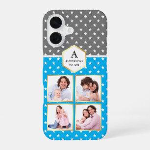 Coque iPhone 16 Collage de photos à motif bleu ciel et étoiles bla