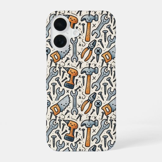 Coque iPhone 16 Collection d'outils DIY Doodle Art (Verso)