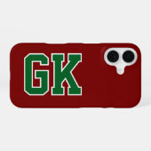 Coque iPhone 16 College Bourgogne Vert Monogramme Initiales (Verso Horizontal)