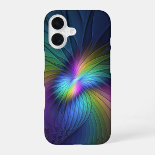 Coque iPhone 16 Coloré Avec Un Art Abstrait Fractal Moderne Bleu