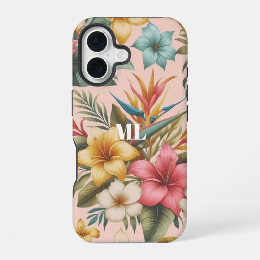 Coque iPhone 16 Conception de monogramme de fleurs tropicales d'îl (Verso)