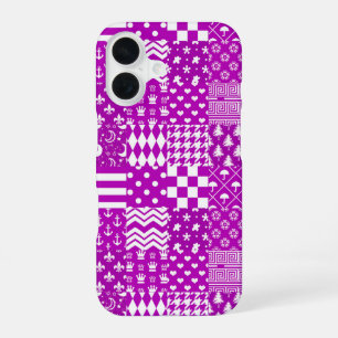 Coque iPhone 16 Conception de patchwork à motifs mixtes violet bla