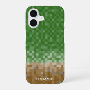 Coque iPhone 16 Conception de pixels verts et marron avec étui nom