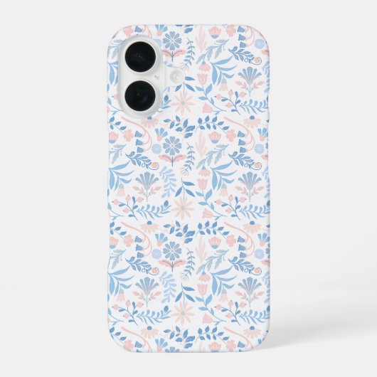Coque iPhone 16 Conception florale boho impression bloc bleu rose (Verso)