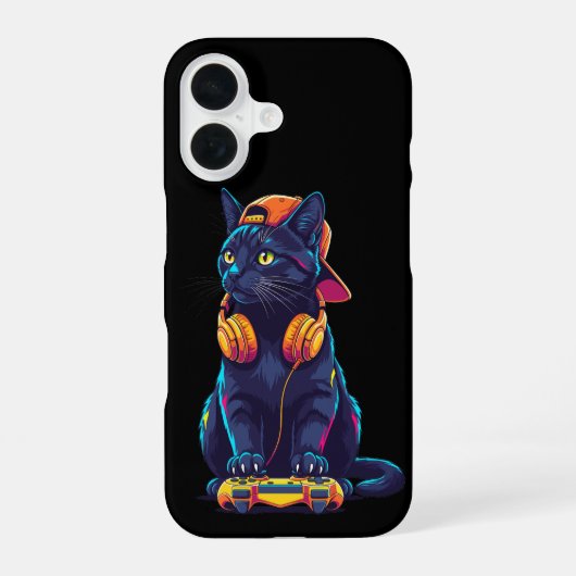 Coque iPhone 16 Cool Black Cat Gamer Halloween Design Éffrayant (Verso)