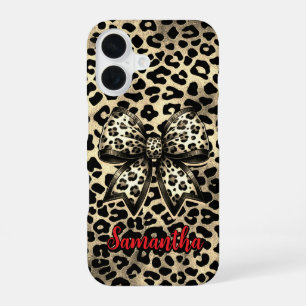 Coque iPhone 16 Coquette Marron Chic Léopard Noeud Monogramme