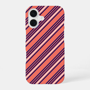 Coque iPhone 16 Corail, bleu marine et blanc motif cinq rayures