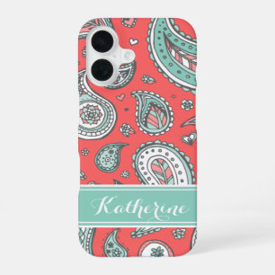Coque iPhone 16 Corail Bohemian Paisley Monogramme Personnalisé
