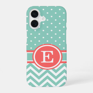 Coque iPhone 16 Corail et Aqua Prépa Points Chevron Monogramme