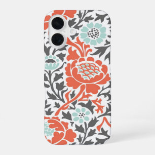 Coque iPhone 16 Corail Menthe et Gris Floral Rétro Damassé