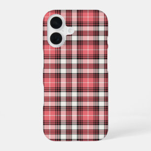 Coque iPhone 16 Corail rose, plaid girly noir et blanc