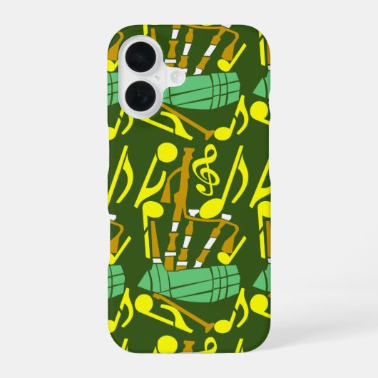 Coque iPhone 16 Cornemuse Notes de musique jaunes (Verso)