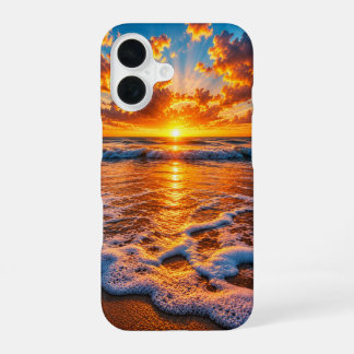 Coque iPhone 16 Coucher de soleil océanique doré dramatique, paysa